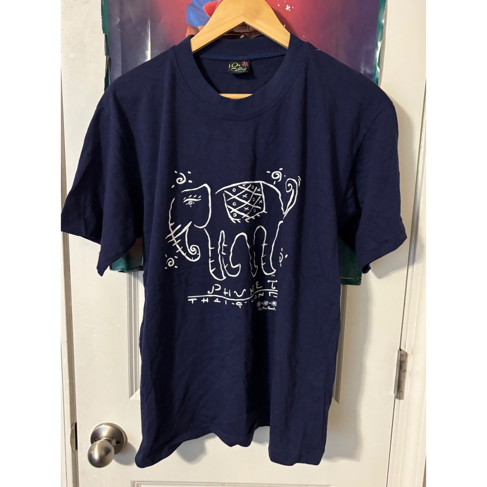 On The Beach Phuket Thailand Elephant 90s T-Shirt Mens Large Navy Blue Tee